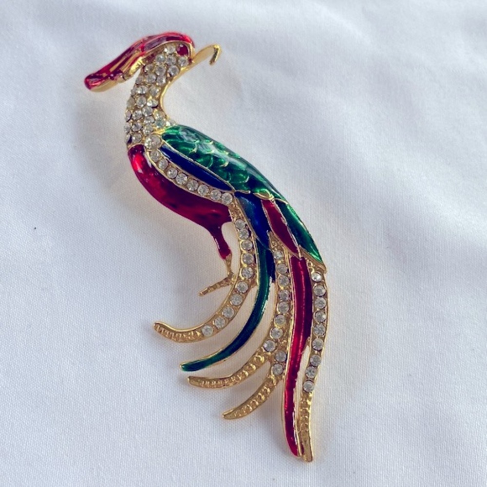 Large Vintage Enamel and Rhinestone Bird of Paradise Brooch